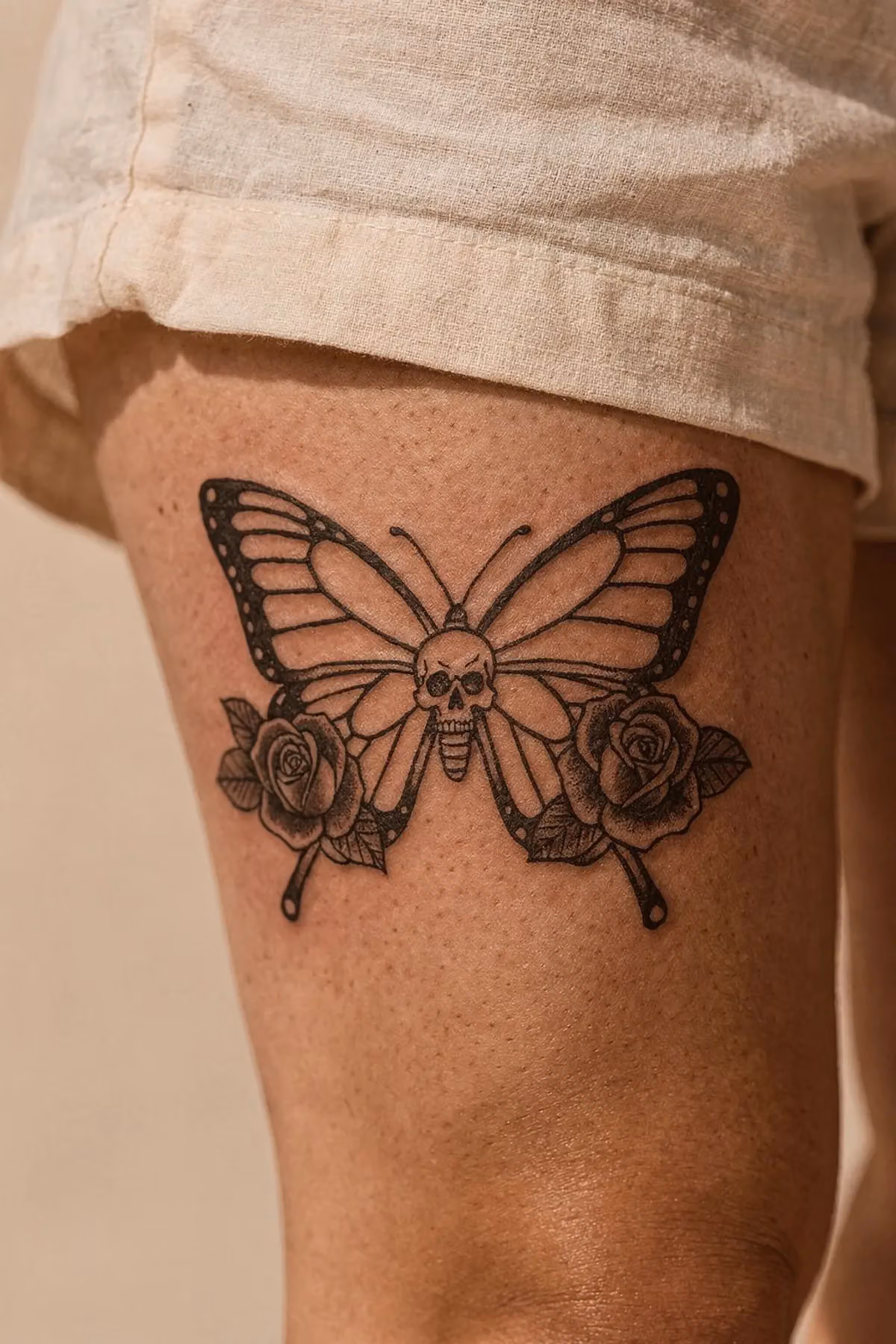 Schmetterling mit Totenkopf als Körper am Oberschenkel, flankiert von zwei schwarzen Rosen.