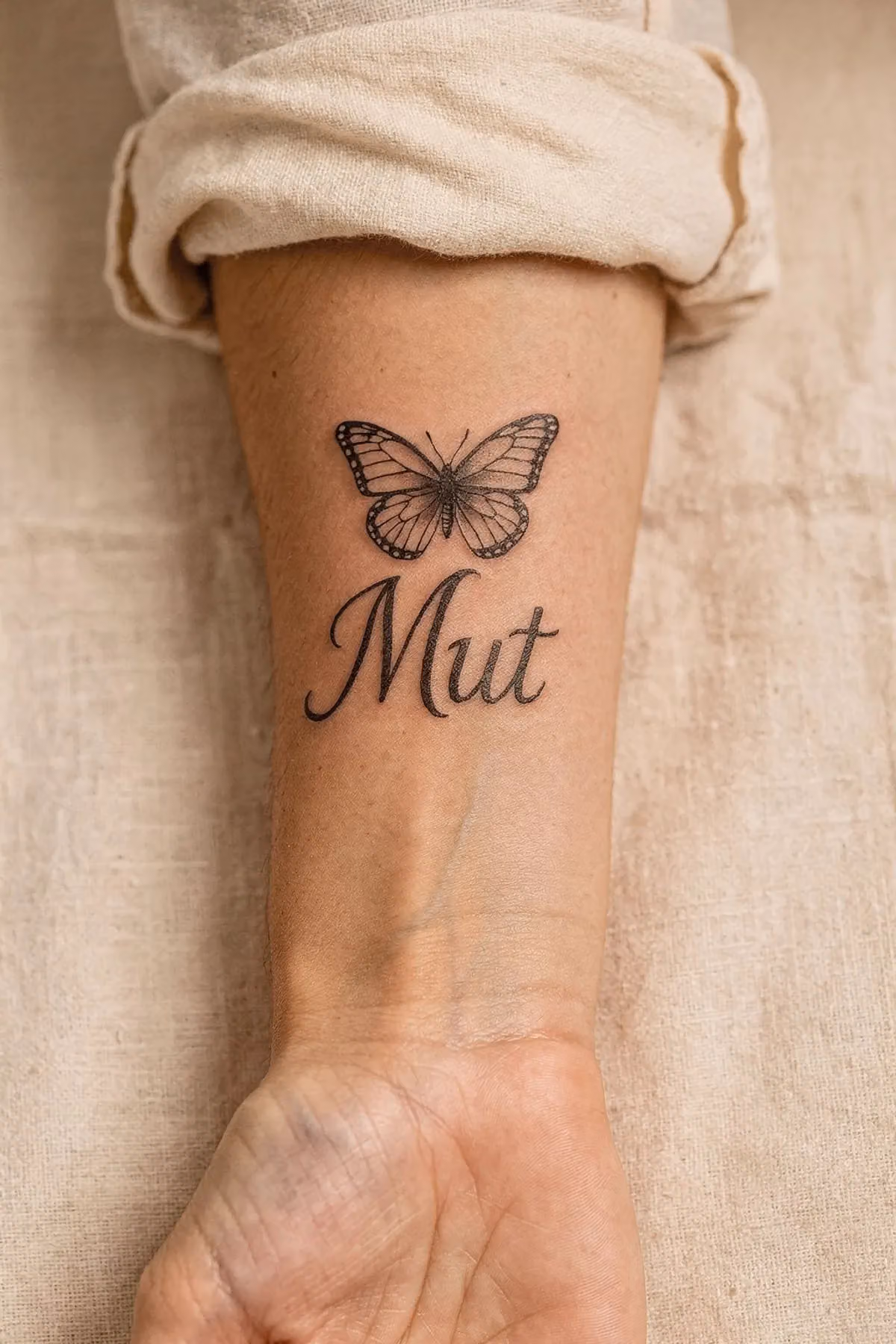 Schmetterling am Unterarm, darunter das Wort „Mut“ in geschwungener Schreibschrift.