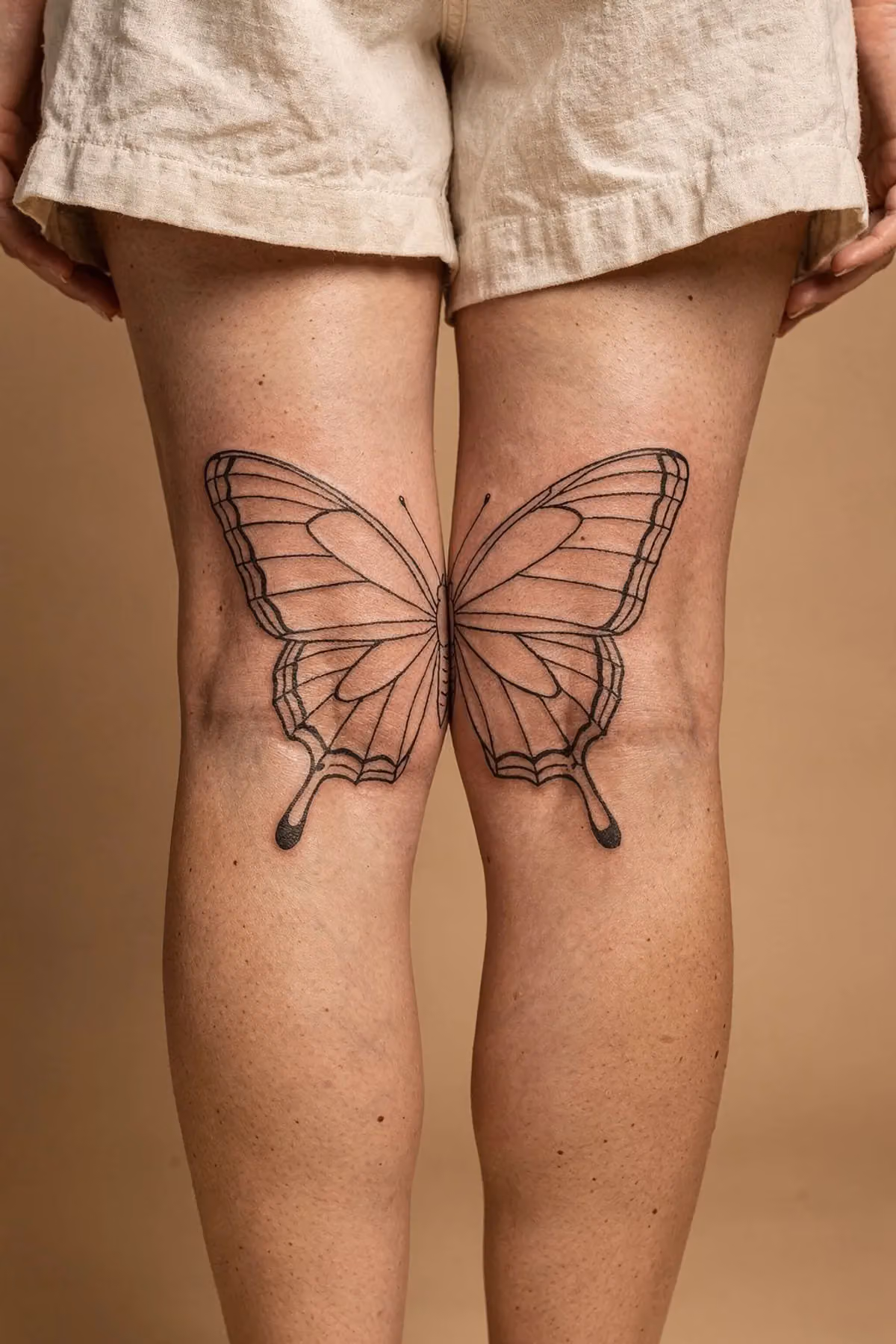 Geteilter Schmetterling über beiden Knien, jede Hälfte auf einem Bein, in der Mitte treffen sie sich.