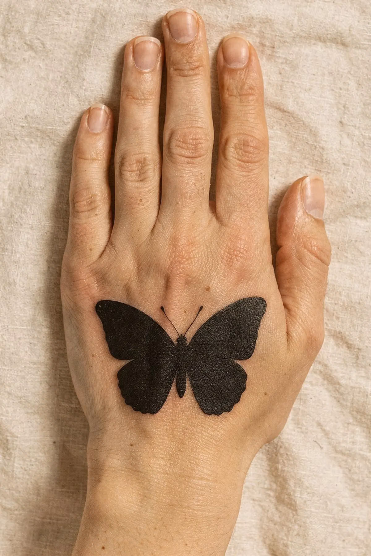 Schmetterling als vollflächig schwarze Silhouette auf dem Handrücken, ohne jede Innenzeichnung.