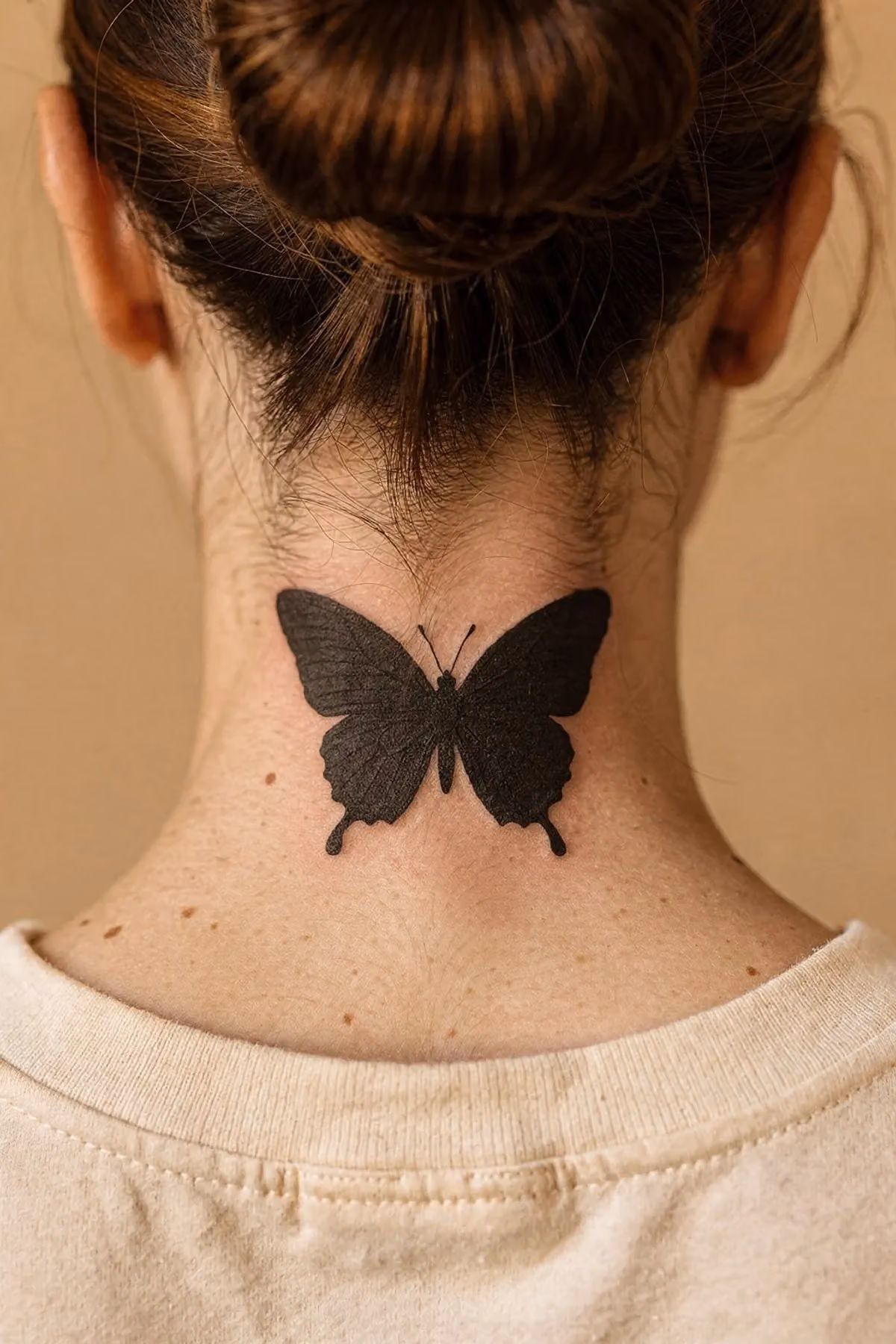 Schmetterling als geschlossene schwarze Silhouette mittig im Nacken.
