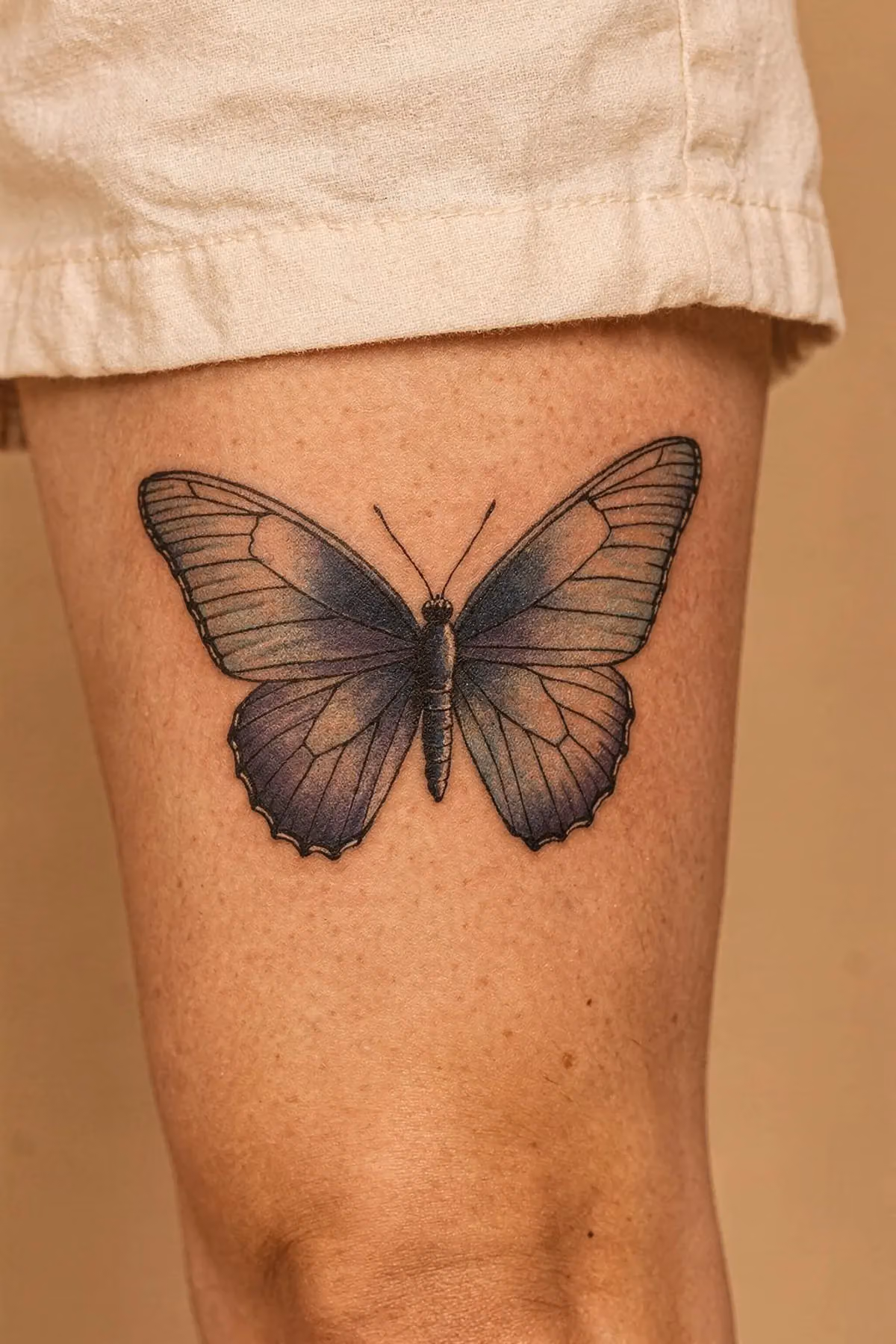 Schmetterling am Oberschenkel mit kühlen Flügeln in Indigo, Violett und blassem Blaugrau.