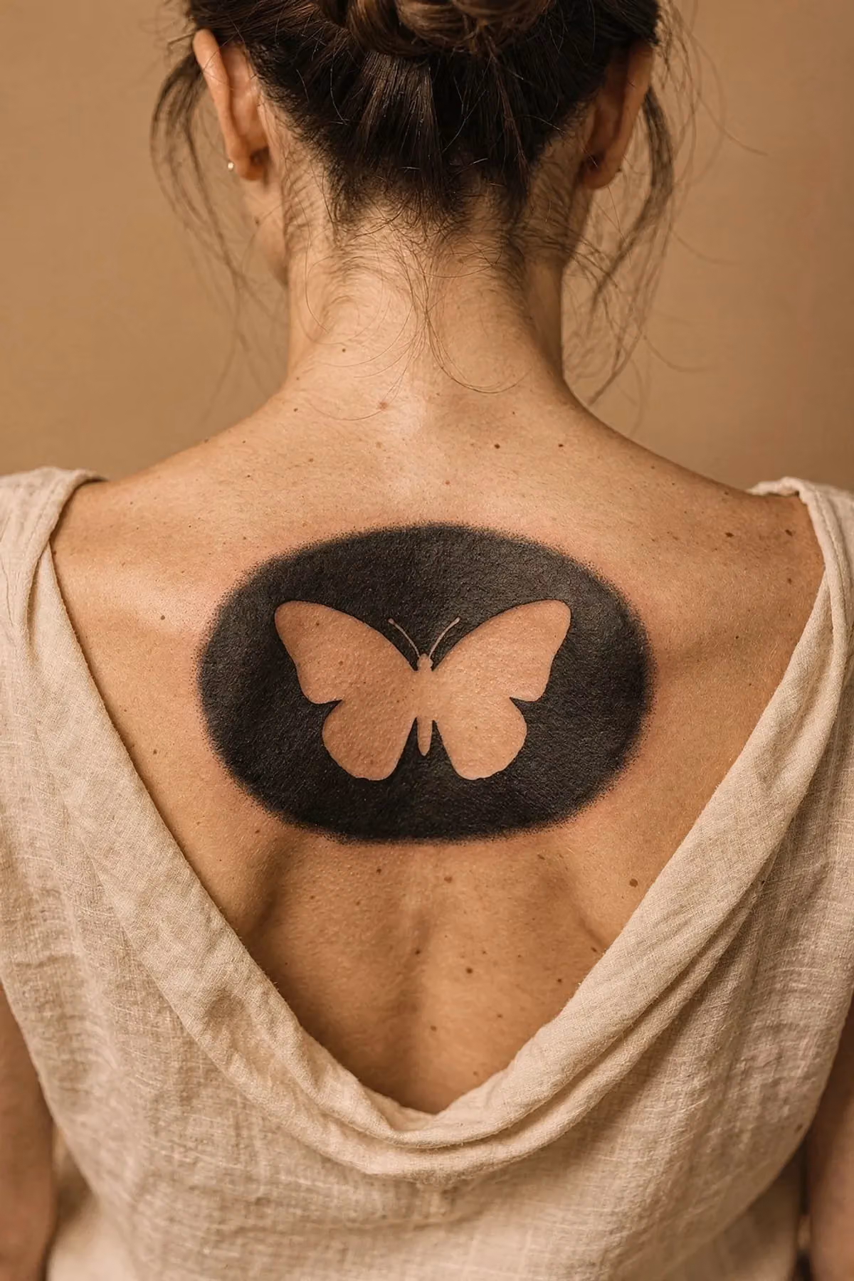 Großer schwarzer Schmetterling zwischen den Schulterblättern, dessen Flügelmuster als freie Haut ausgespart ist.