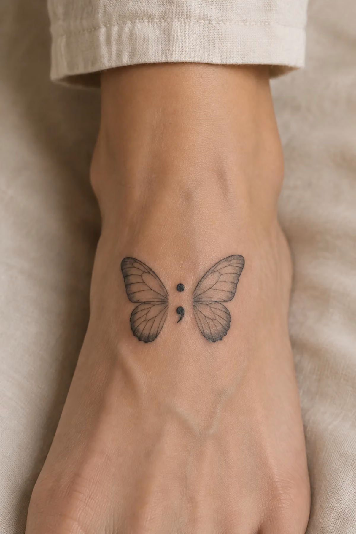 Schmetterling auf dem Fußrist, zwischen den Flügeln ein deutlich gesetztes Semikolon aus Punkt und Komma.