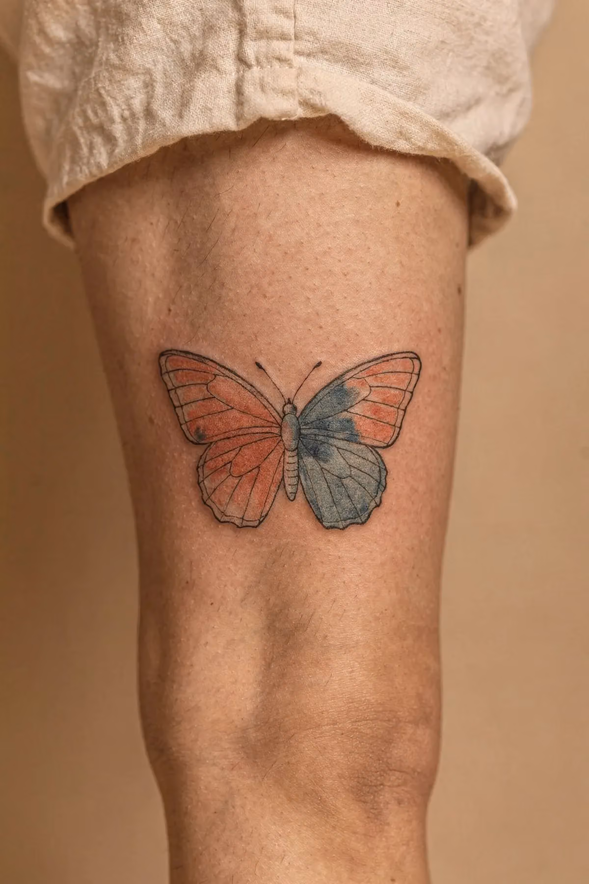 Schmetterling mit Aquarellflügeln in Koralle und Blaugrau auf der Wade