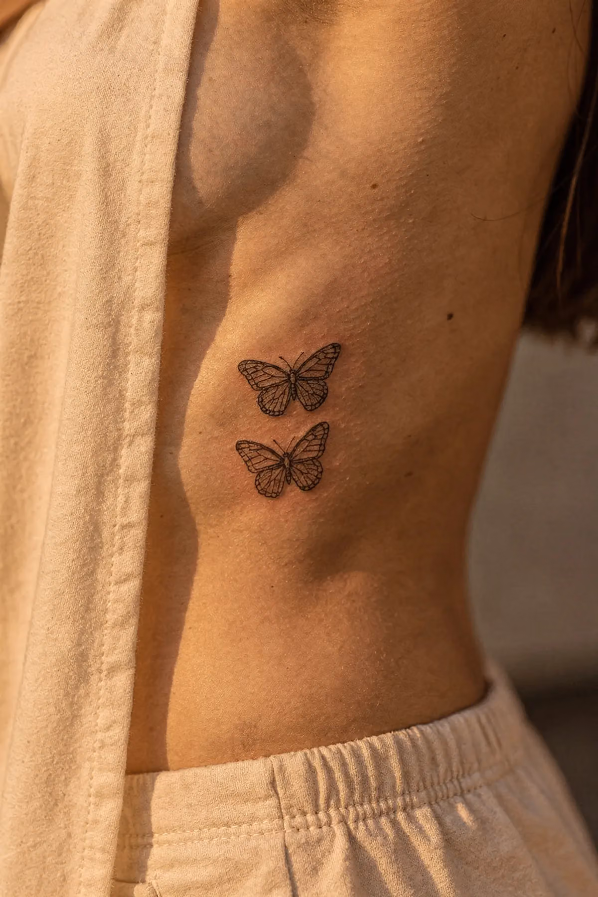 Zwei kleine Fineline-Schmetterling-Tattoos untereinander an der seitlichen Rippe