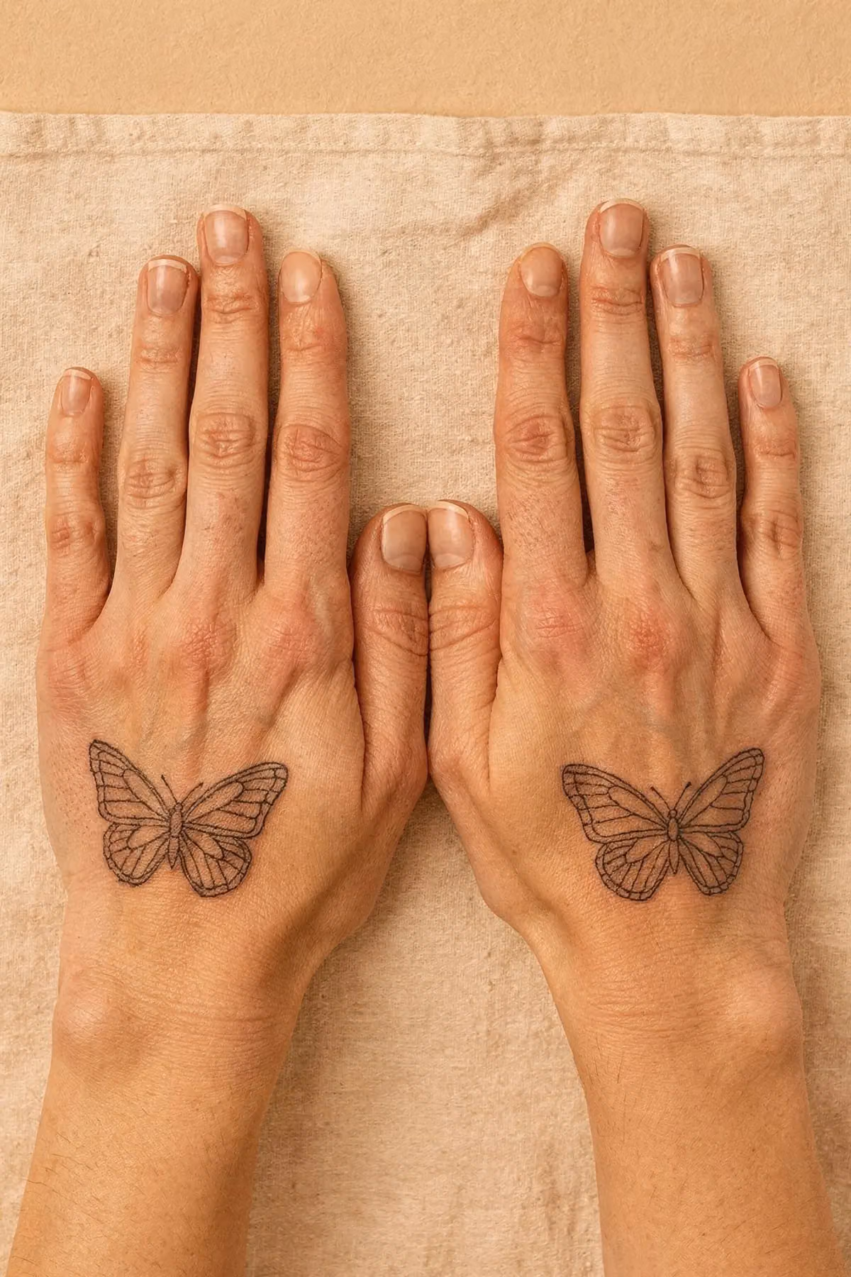 Zwei passende kleine Schmetterling-Tattoos auf den Handrücken beider Hände
