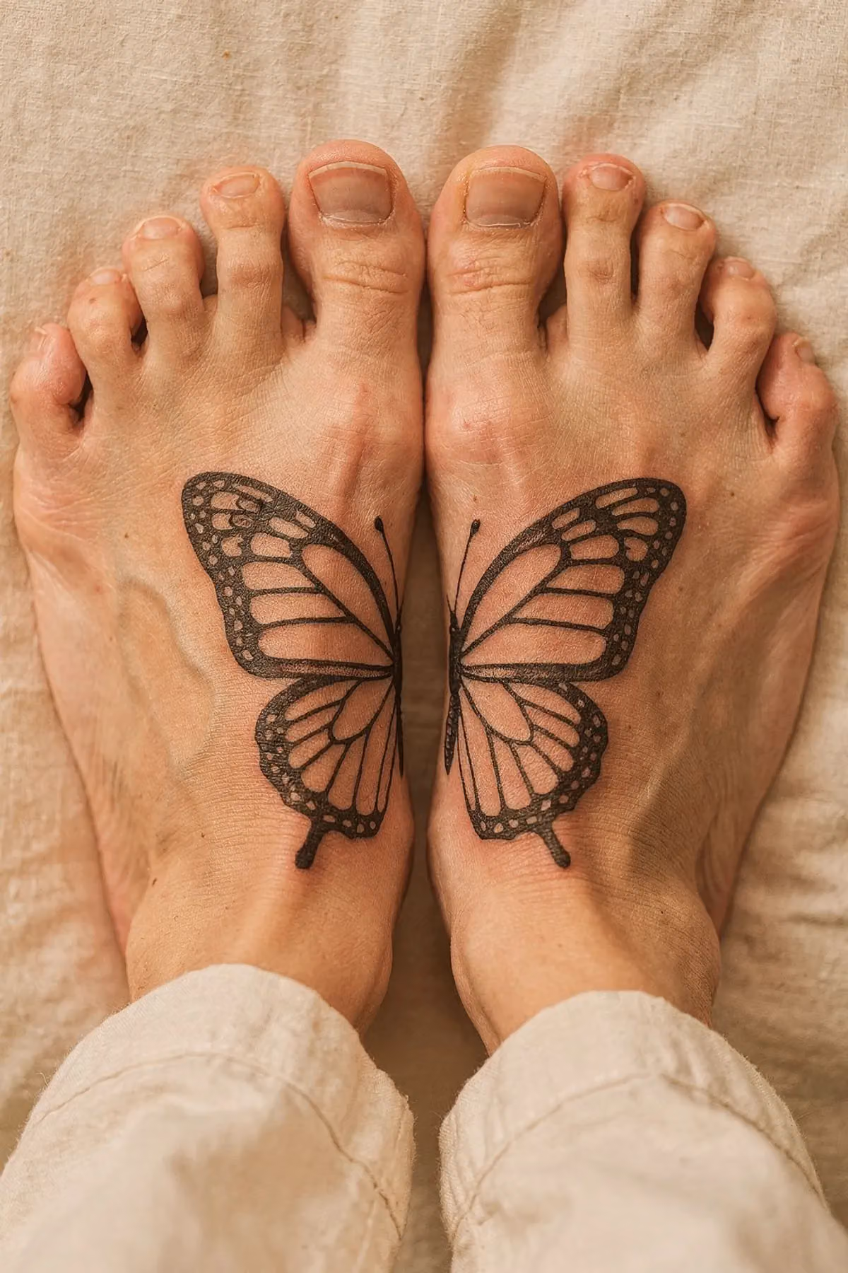 Geteilter Schmetterling über beiden Fußrücken, jede Hälfte auf einem Fuß