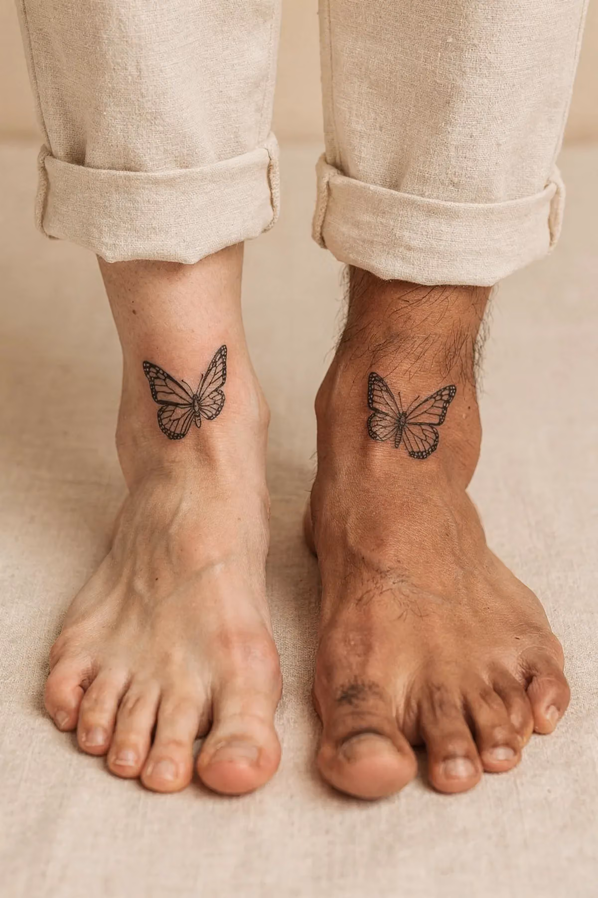 Zwei Fußknöchel nebeneinander, jeder mit einem passenden kleinen Schmetterling.