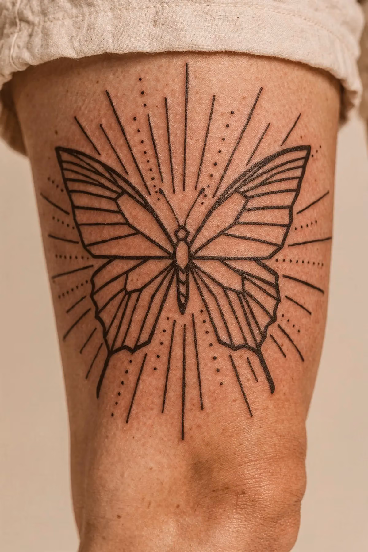 Großer geometrischer Schmetterling am Oberschenkel, dessen Flügel in flache, kantige Facetten aufgeteilt sind.