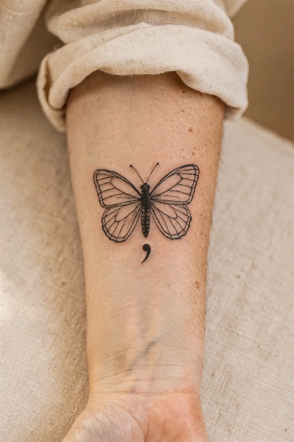 Feiner Schmetterling auf der Unterarminnenseite, darunter ein kleines Semikolon