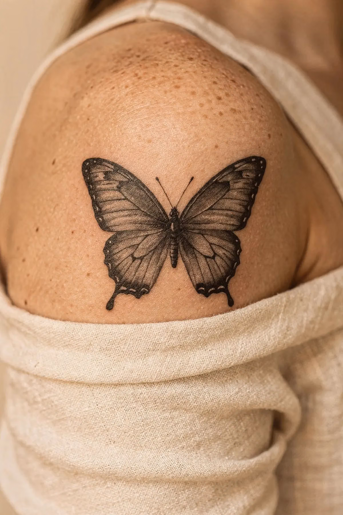 Schmetterling in weichen Schwarz-Grau-Verläufen auf der oberen Schulter, ohne harte Konturlinie.