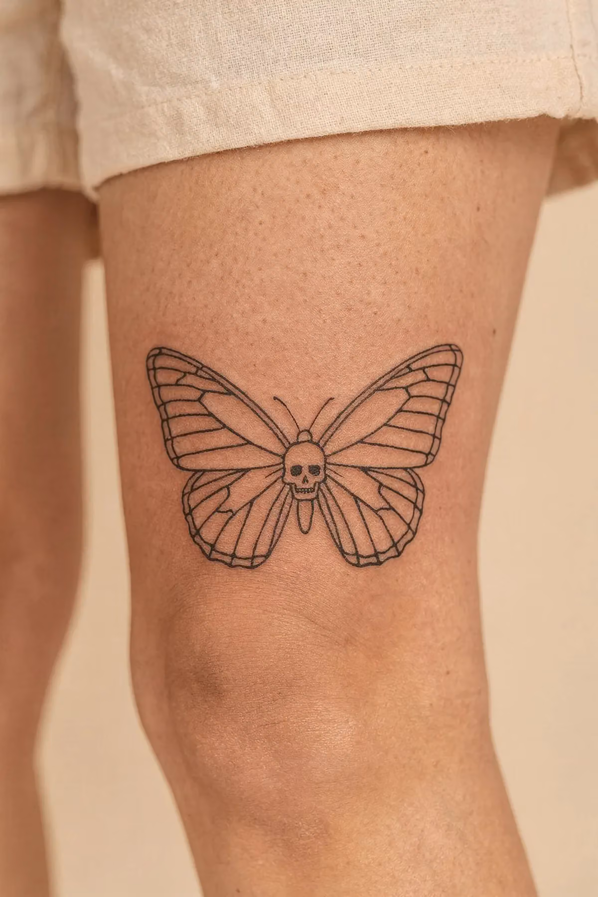 Schmetterling in haarfeinen schwarzen Linien am Oberschenkel, im Zentrum ein kleiner Totenkopf.