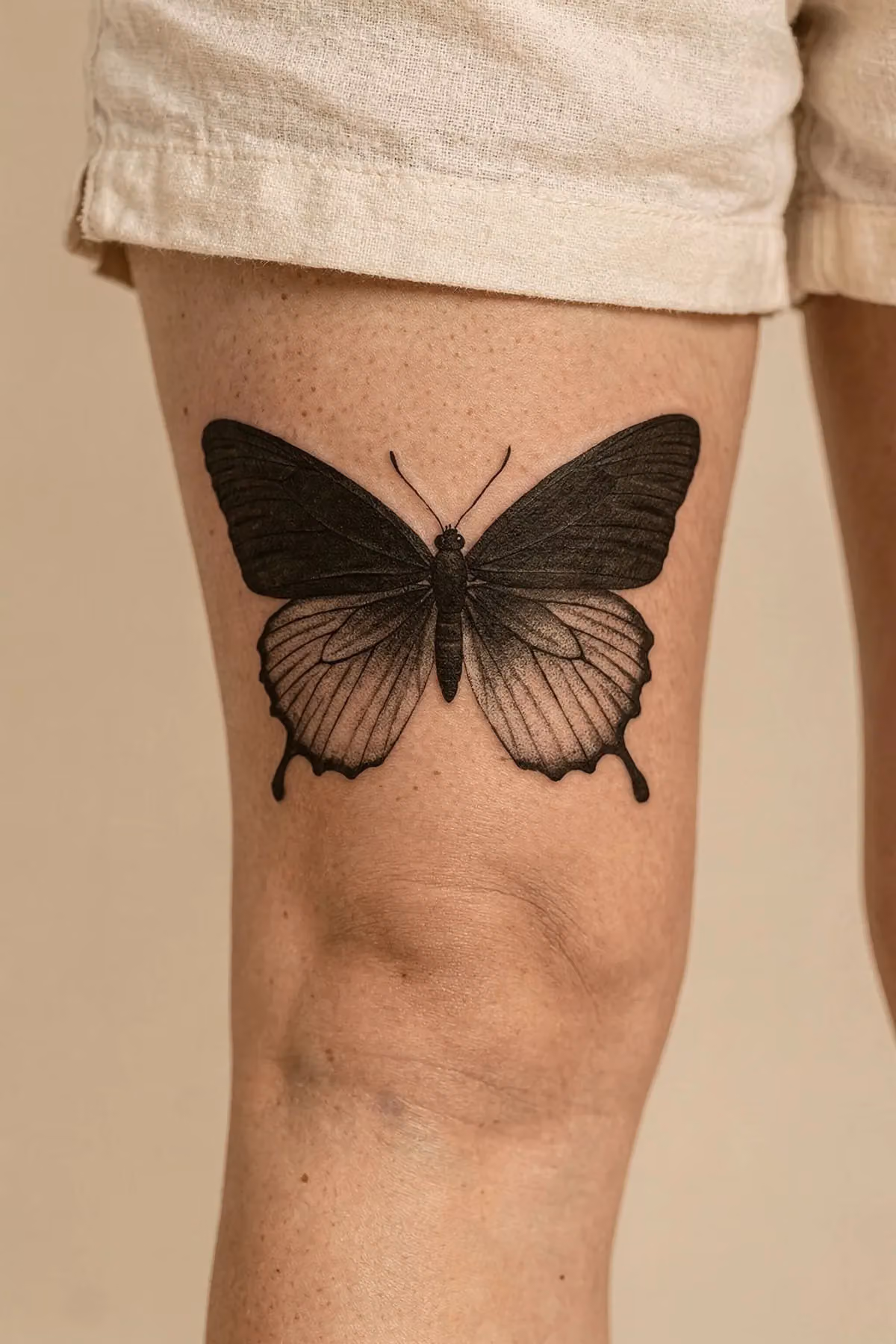 Schmetterling auf dem Oberschenkel, dessen Flügel von tiefem Schwarz nach unten in weiches Grau auslaufen