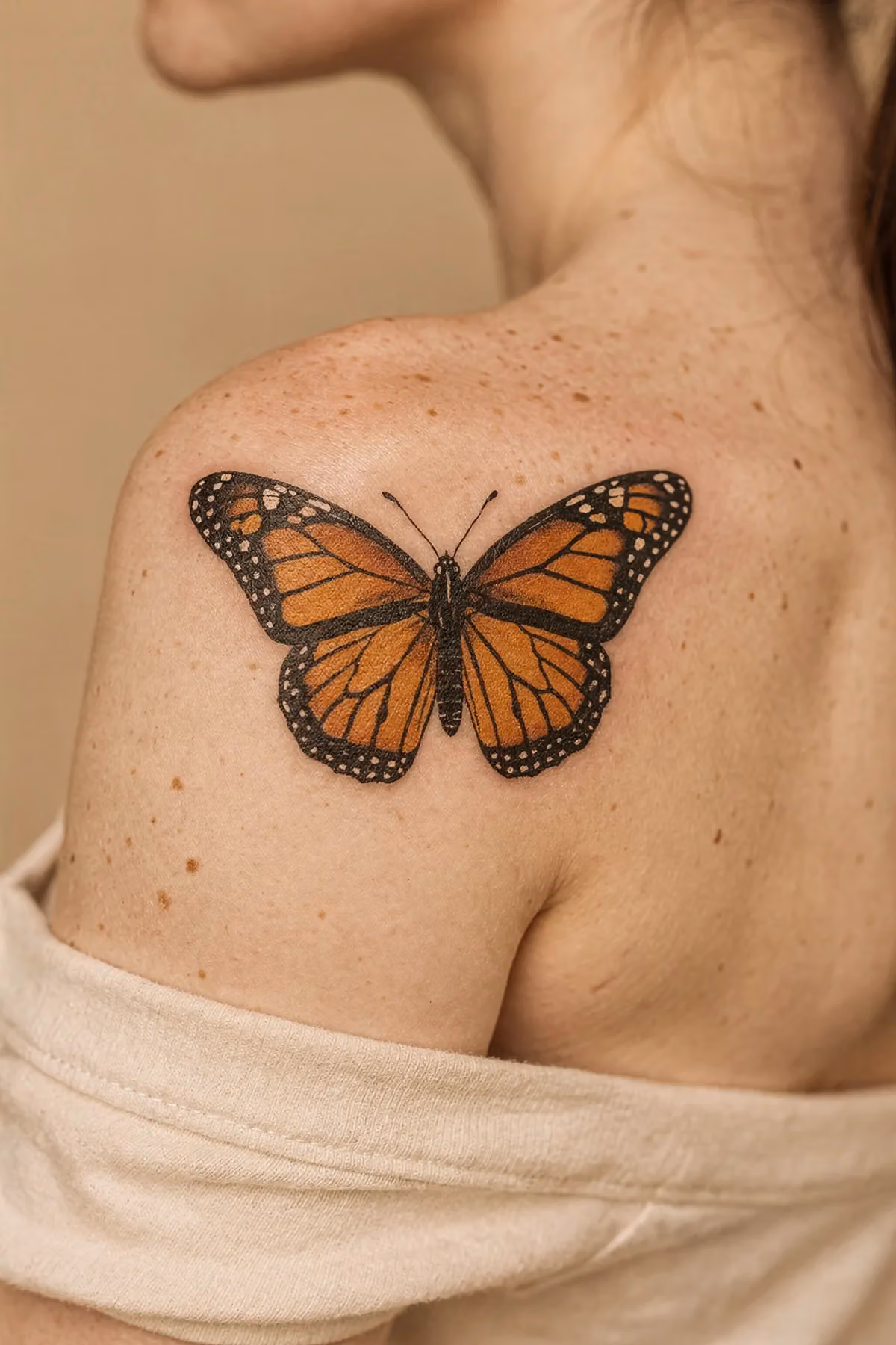 Farbiges Monarchfalter-Tattoo mit orangefarbenen Flügelfeldern und weiß gepunktetem schwarzem Rand auf einer Schulter