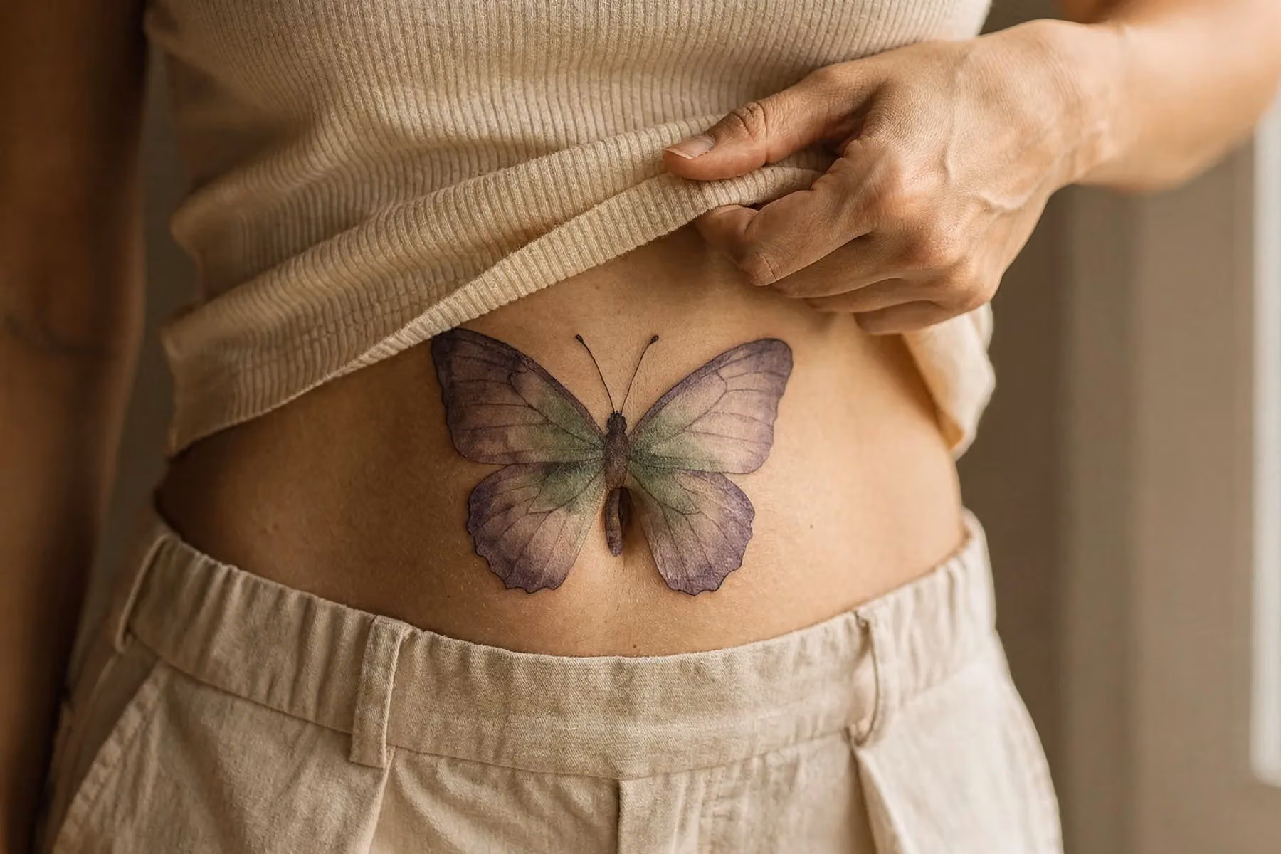 Frau mit Schmetterling-Tattoo am Bauch, seitlich stehend, Hände hinter dem Kopf, das Motiv zieht sich bei der Einatmung über die Rippen; cremefarbener Hintergrund