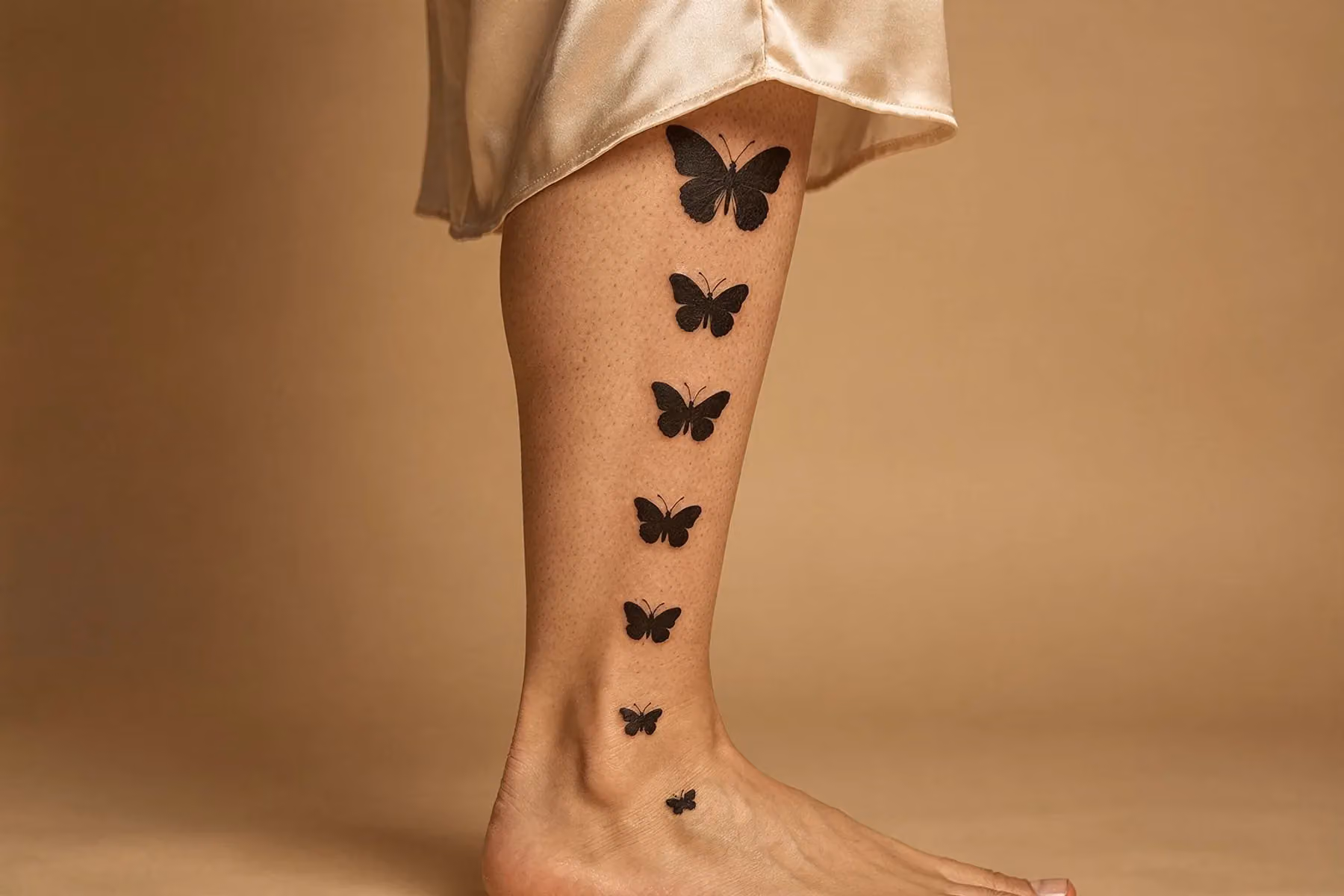 Schmetterling-Tattoo am Bein einer Frau in cremefarbener Kleidung, der Falter verläuft vertikal über die Wade und umspielt die Muskelkontur.