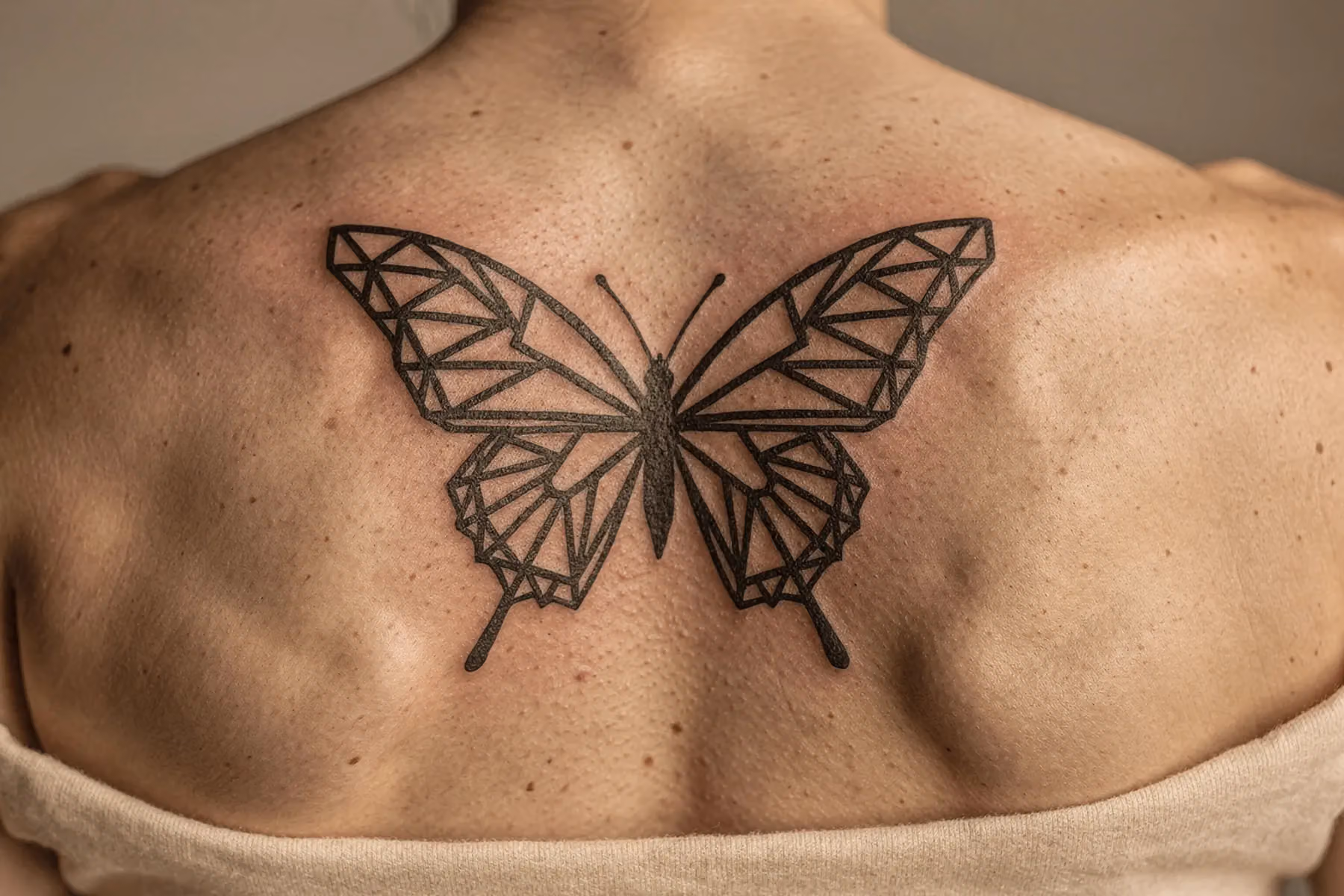 Schmetterling Tattoo mit klaren, geometrischen Linien und Dreiecken auf dem Unterarm