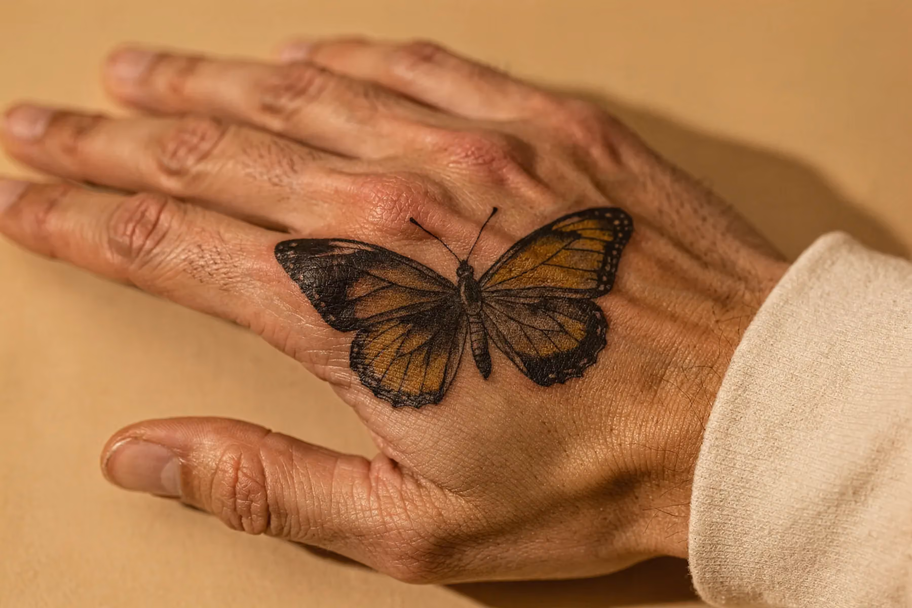 Nahaufnahme einer Hand mit kleinem Schmetterling auf dem Handrücken in entspannter Pose