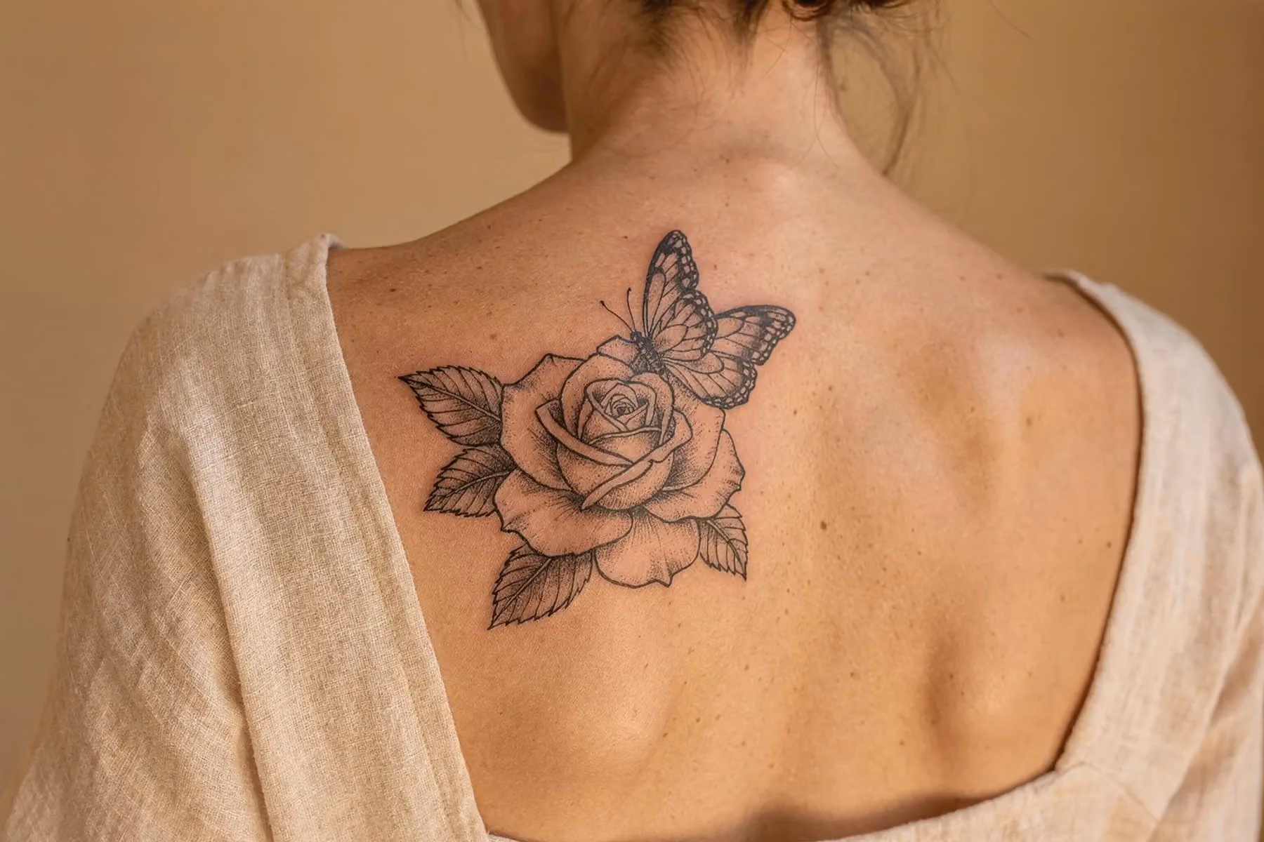 Rose und Schmetterling Tattoo in Schwarz-Grau auf dem Schulterblatt, der Falter sitzt am oberen Rand der Blüte