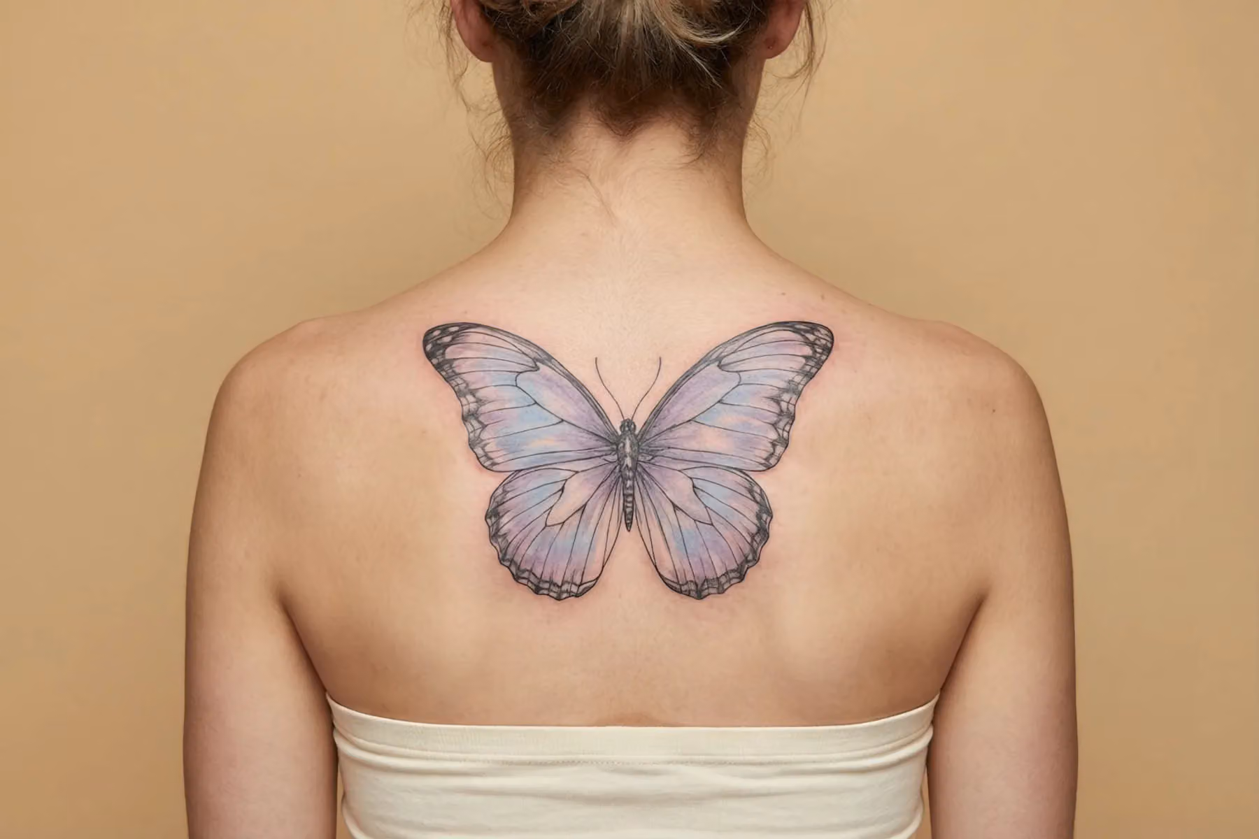 Frau von hinten mit einem großflächigen, symmetrischen Aquarell-Schmetterling-Tattoo über den gesamten oberen Rücken, das weiche Farbverläufe zeigt