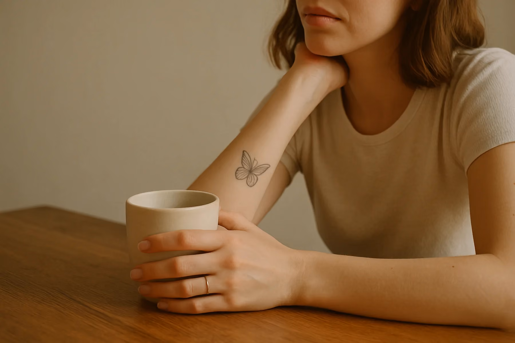 Kleiner Falter am Unterarm nahe dem Handgelenk beim Kaffeetrinken