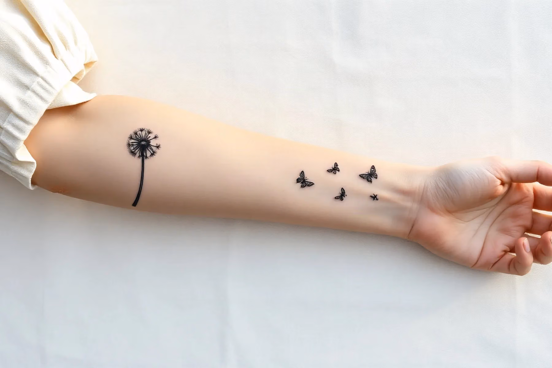 Pusteblume am Unterarm, deren Samen als kleine Falter über den Arm davonfliegen