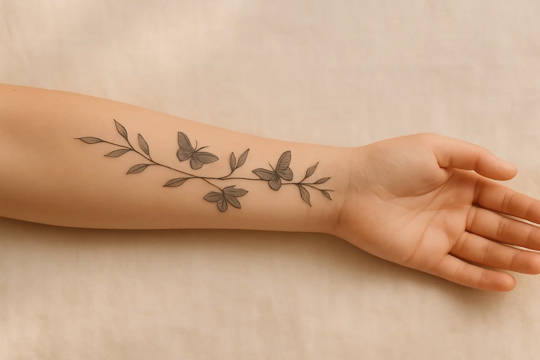 Schmetterling-Tattoo mit Ranke auf dem Unterarm, feine schwarze Linien, die dem Armverlauf folgen