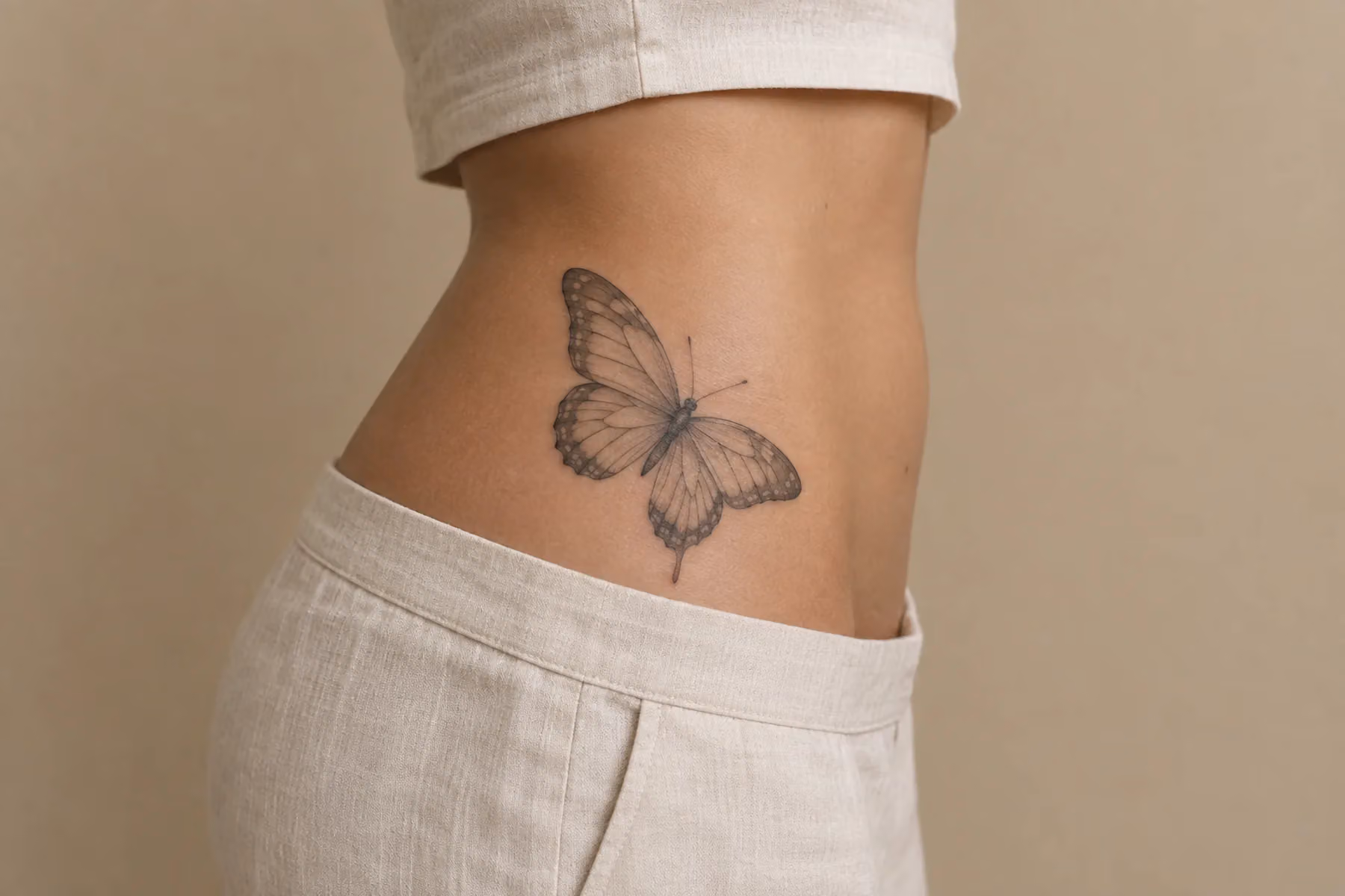 Schmetterling Tattoo an der Hüfte in feinen Linien, im strengen Seitenprofil schräg über einer tief sitzenden Leinenhose