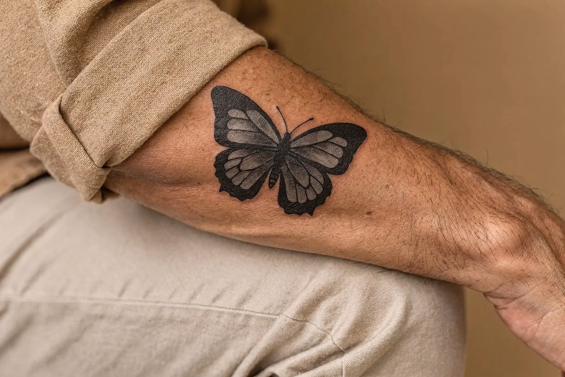 Schmetterling Tattoo in Schwarzgrau auf dem äußeren Unterarm eines Mannes, der Arm ruht auf dem Knie