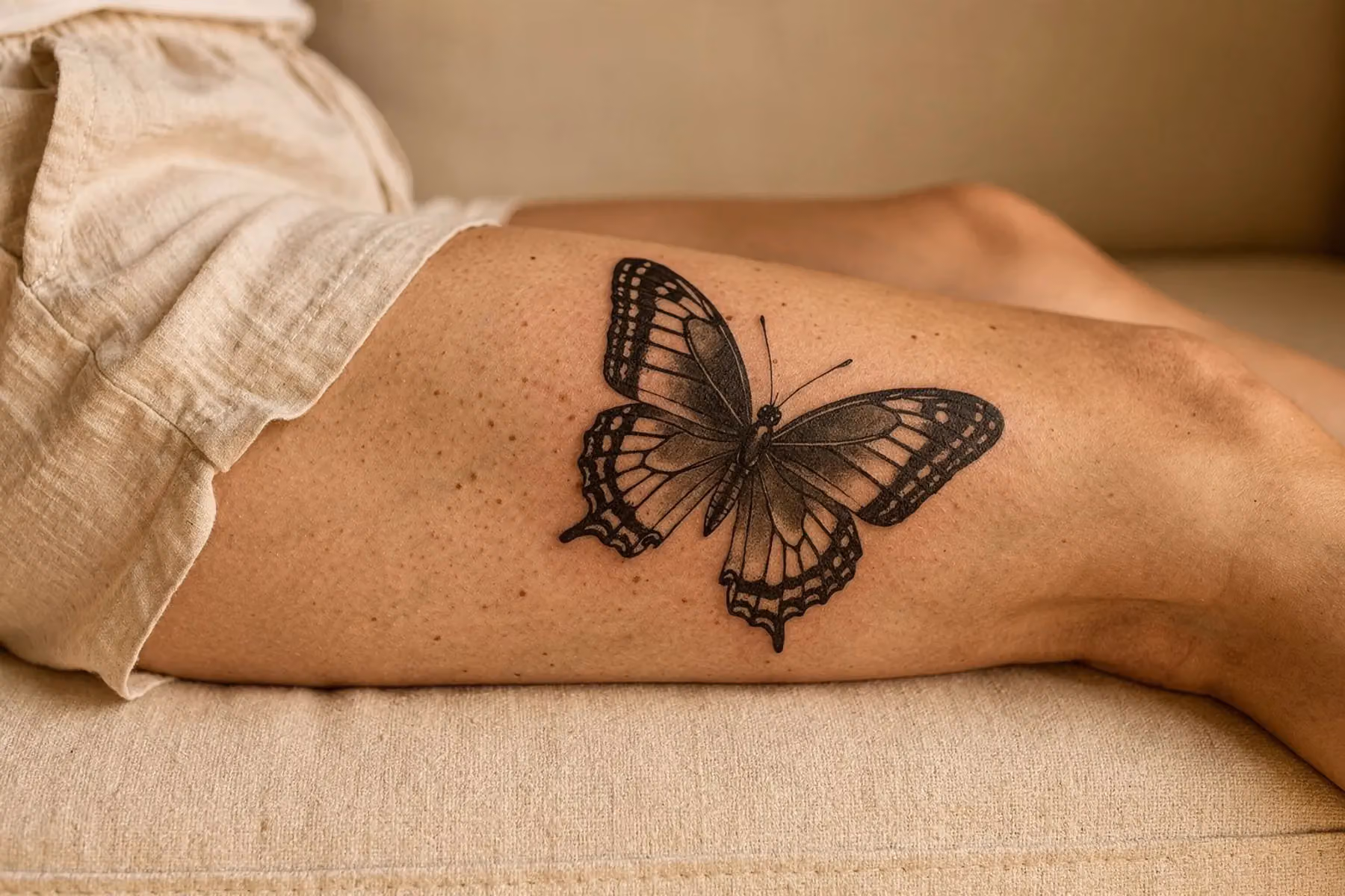 Schmetterling Tattoo am Oberschenkel in Schwarz-Grau, das Bein liegt ausgestreckt auf einem Leinensofa