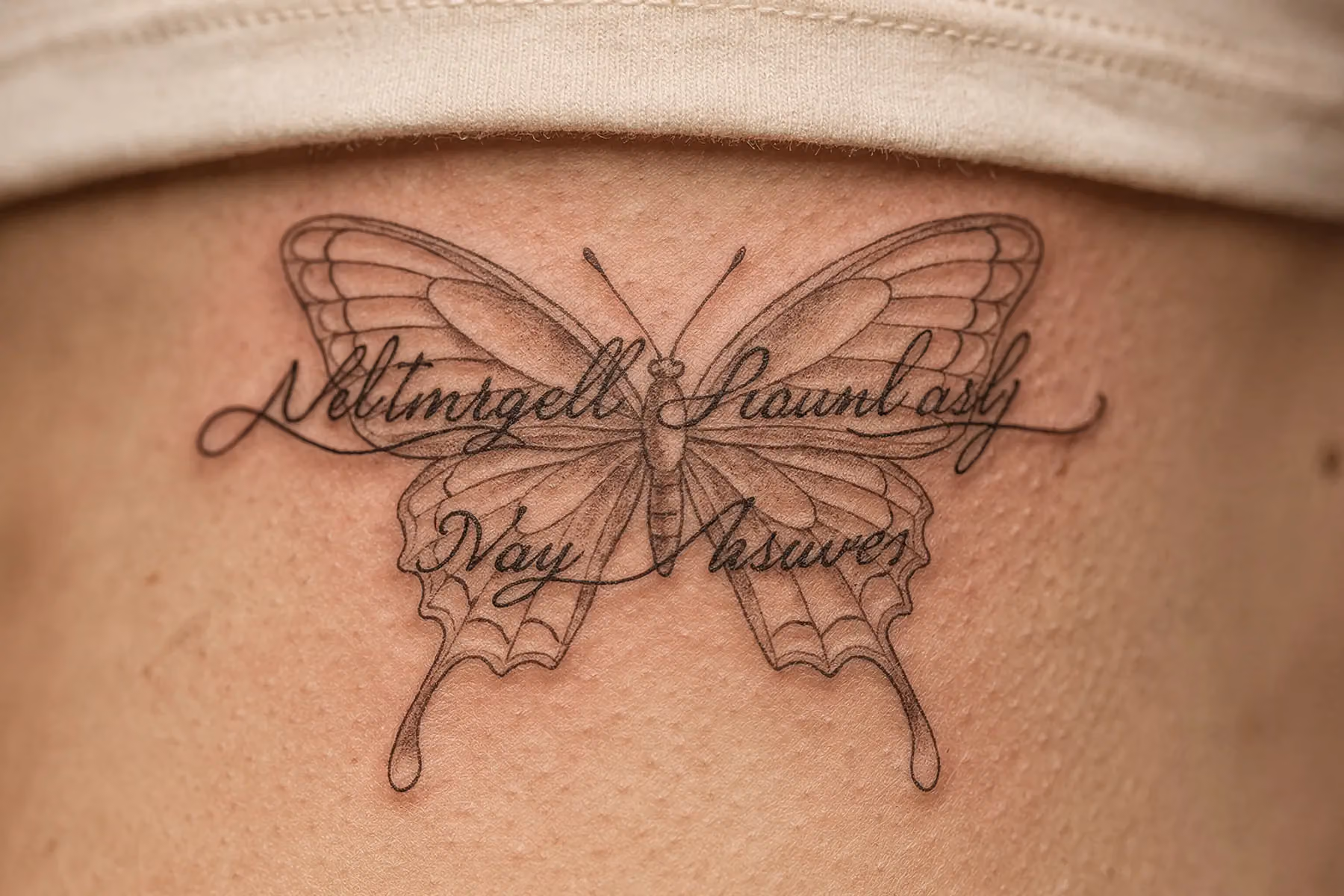 Schmetterling Tattoo mit elegantem Schriftzug als Teil der Flügelkontur