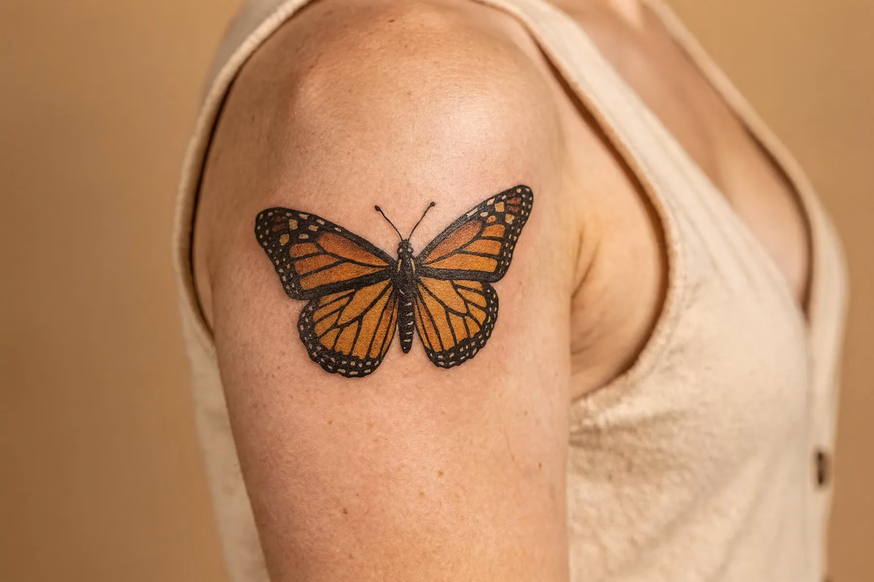 Schulter mit Schmetterling‑Tattoo, dreiviertel‑Ansicht auf warmbeigem Hintergrund