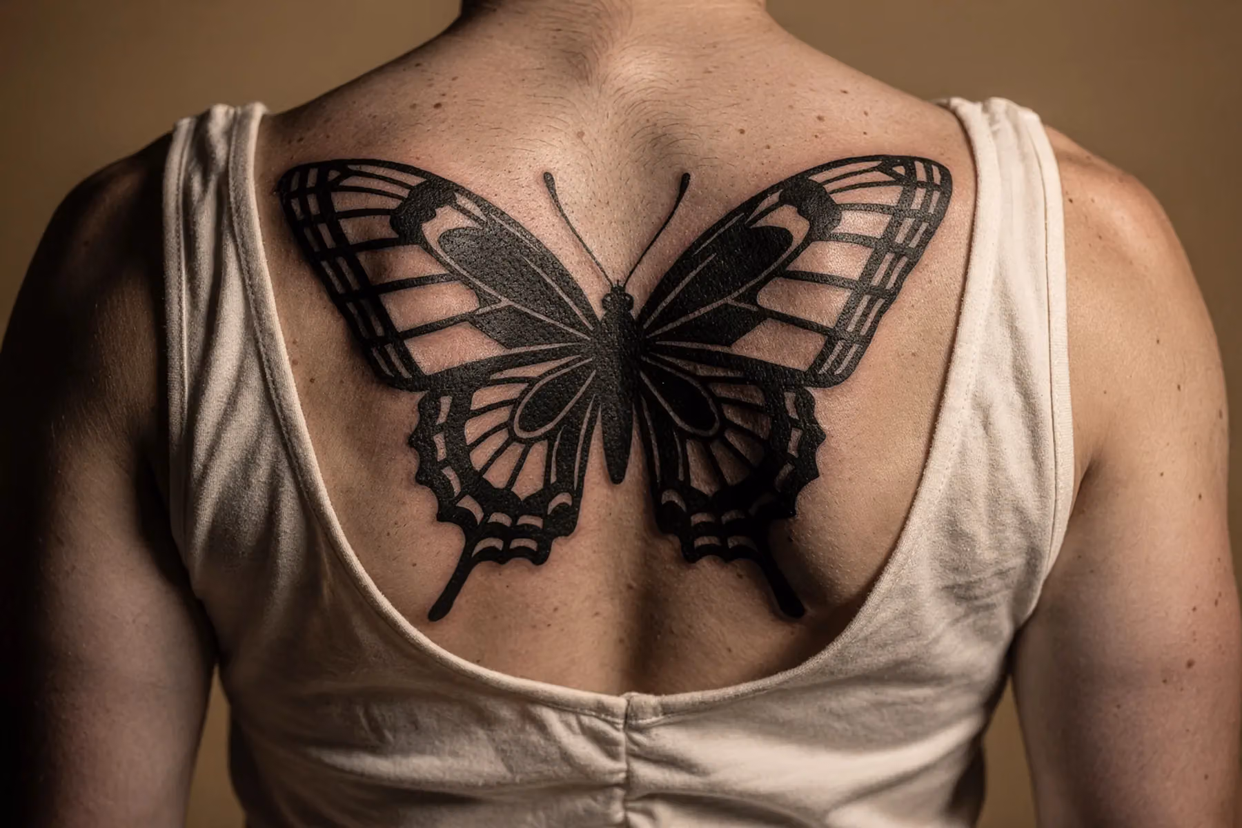 Ein grafischer, schwarzer Schmetterling mit geometrischen Mustern auf einem warmen Hautton
