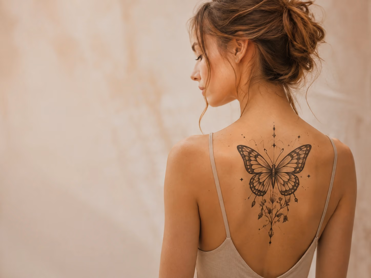 Feines Schmetterling-Tattoo mit floralen Linien auf dem oberen Rücken einer Frau